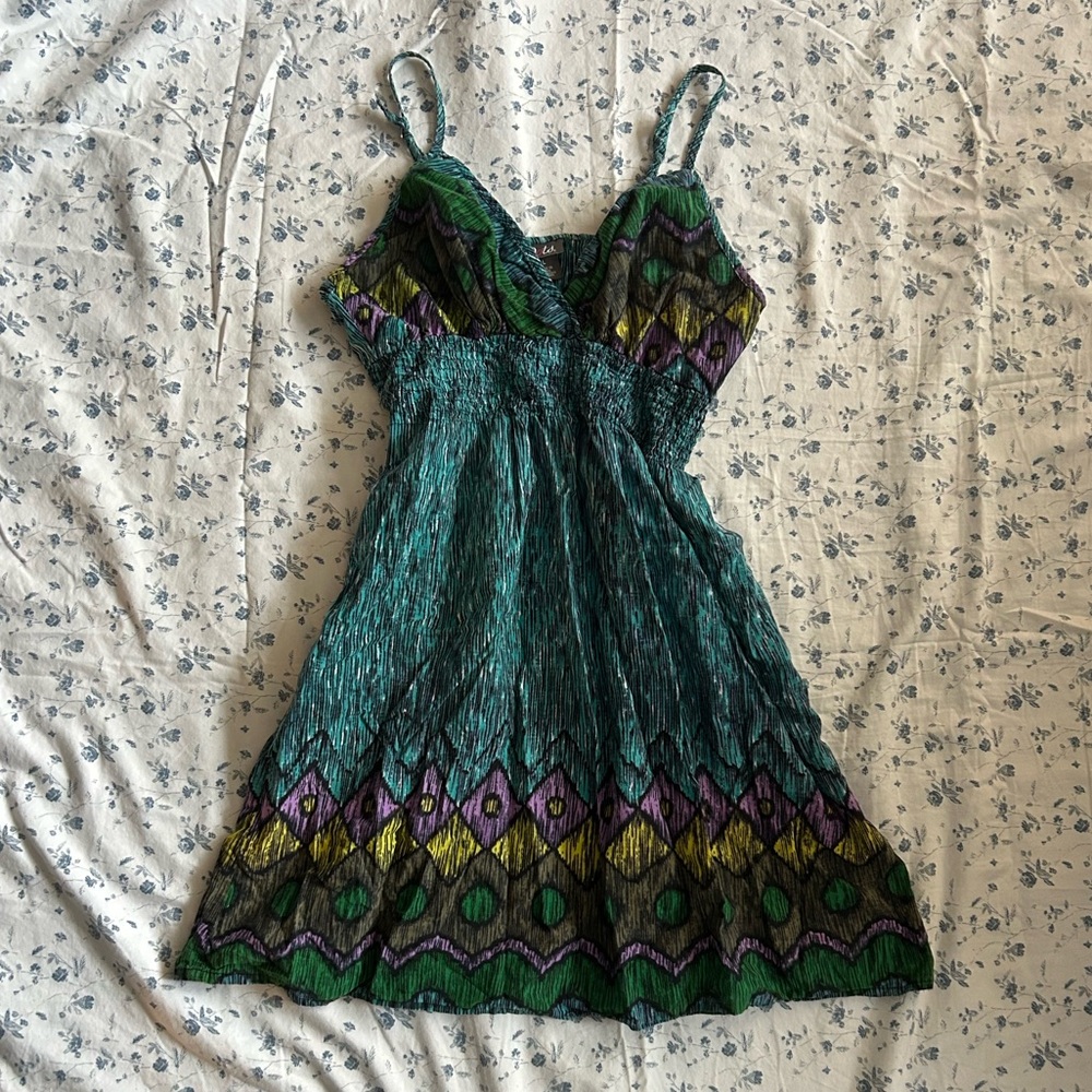 boho blue patterned mini short dress